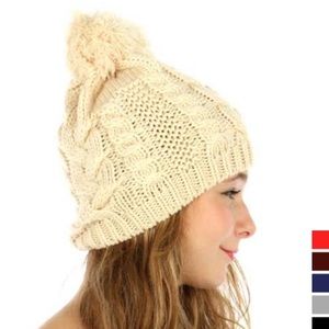 Beige cable knit pom pom hat winter beanie